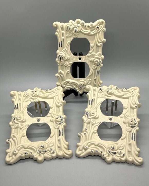AmerTac Other - Lot of 3 AmerTac Antique White Rose Outlet Wall Plates Shabby Cream Cottagecore